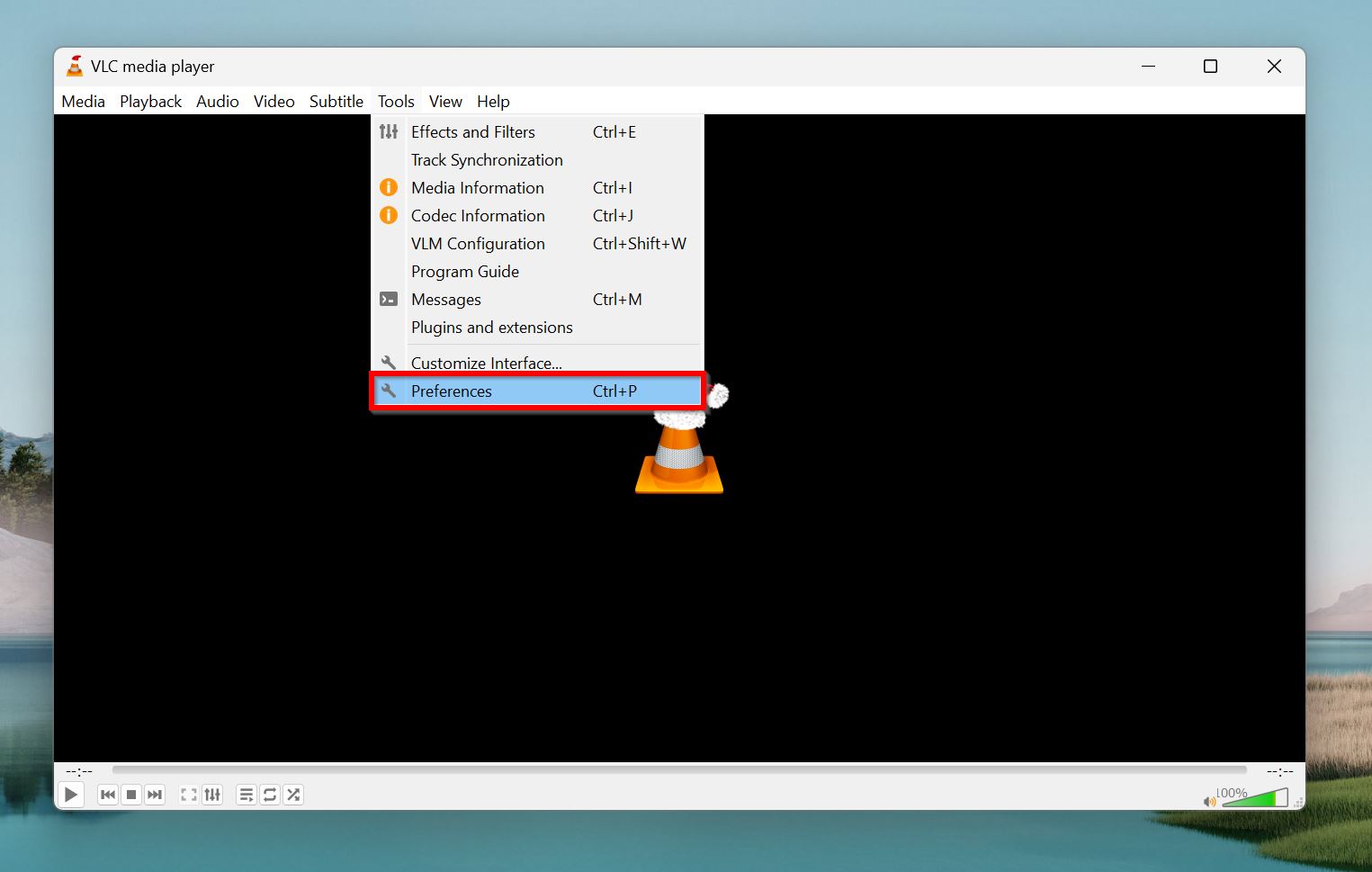 Preferences option in VLC