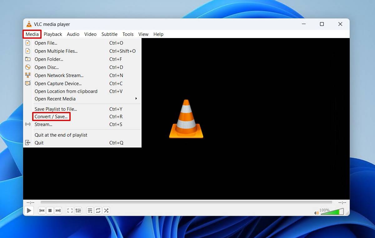 Opening the VLC convert option.