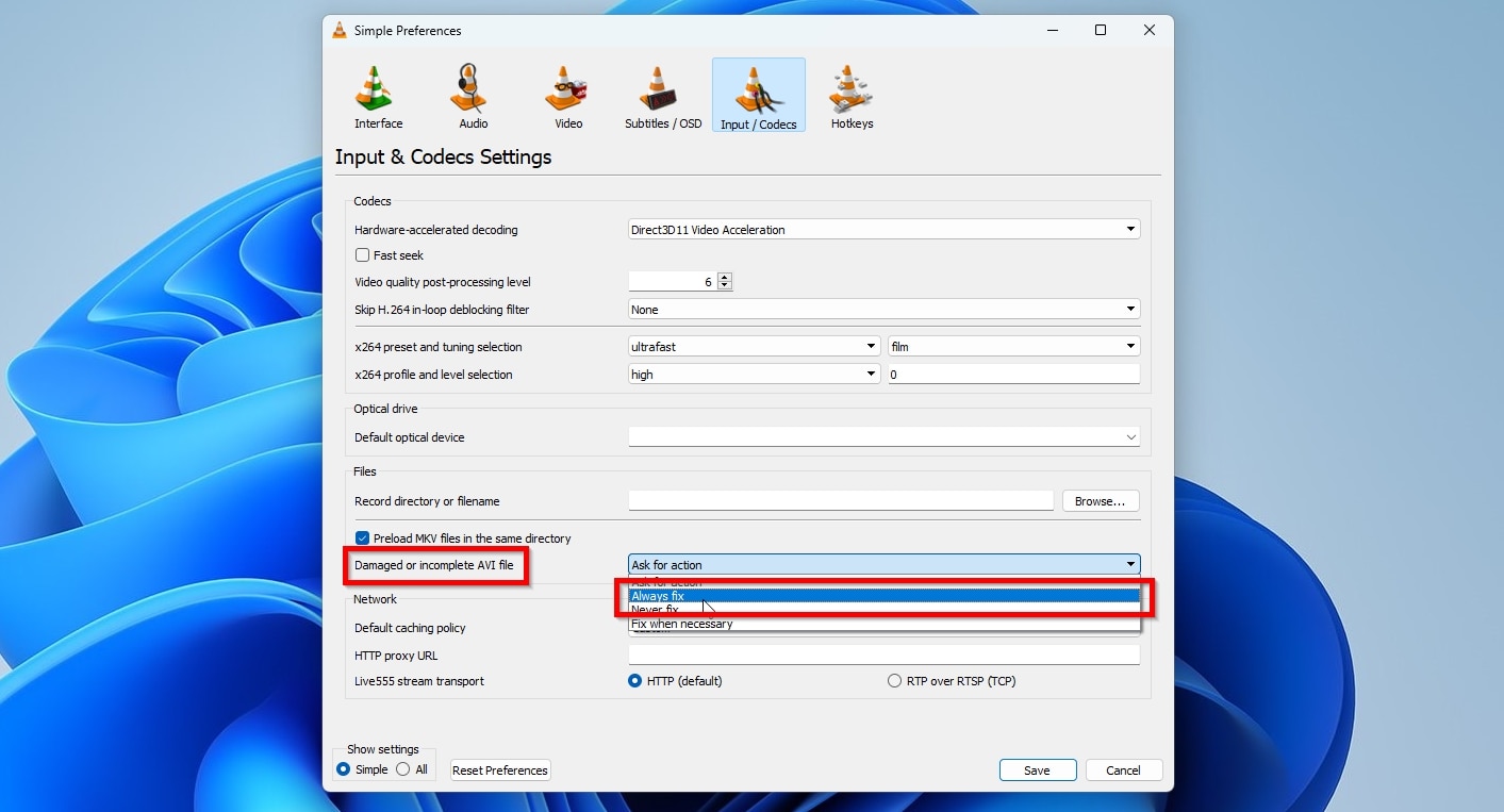 VLC Player Always Fix Damaged Or Incomplete AVI