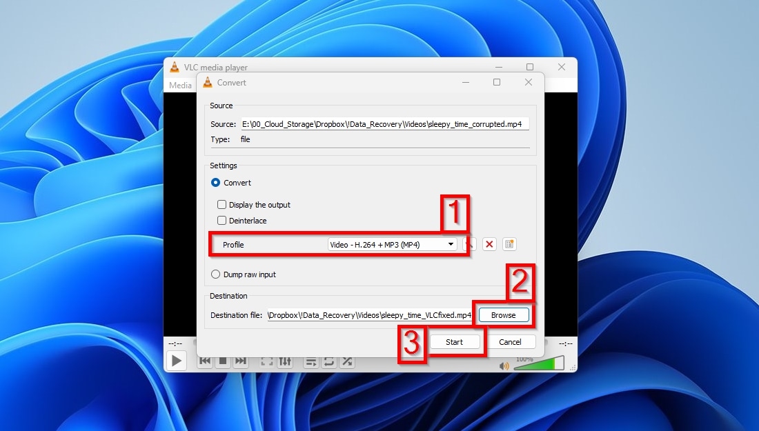 VLC Player Convert Profile And Destination Selection