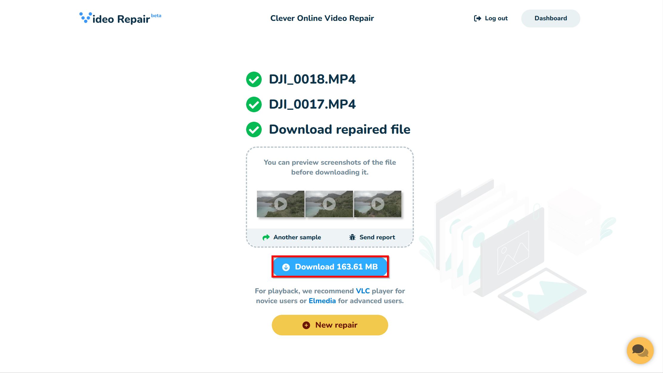 Download repaired DJI file in Clever Online Video Repair.