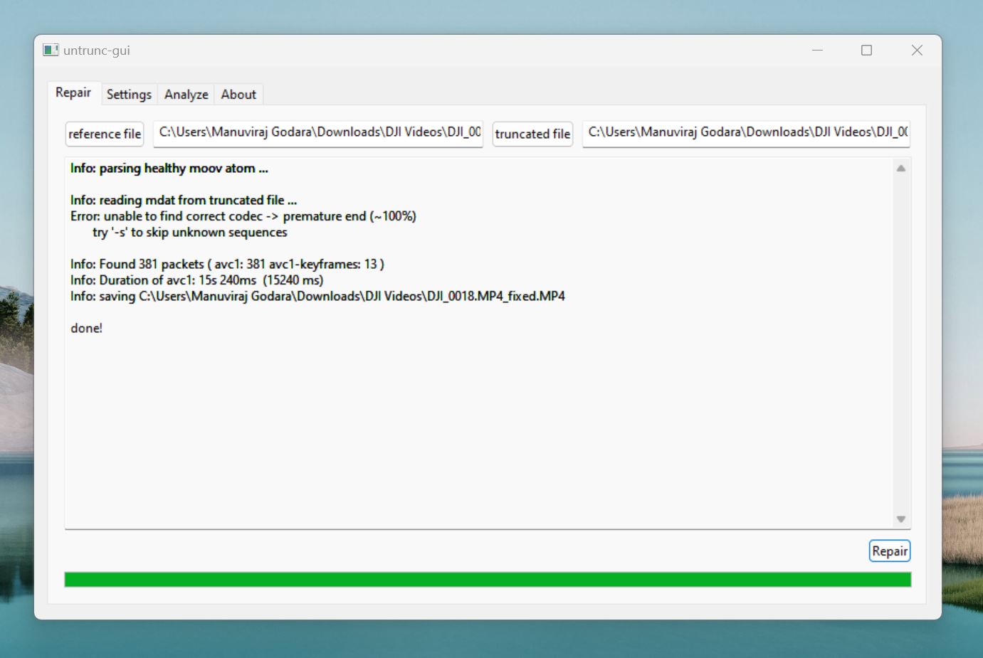 Repair complete for DJI file in untrunc-gui.