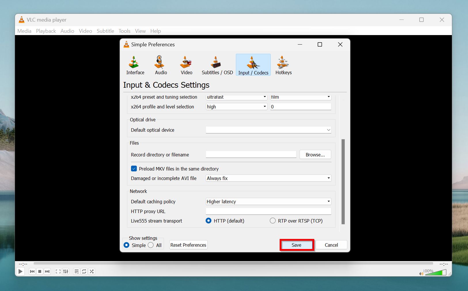 Save option in the Codecs and Inputs menu in VLC.
