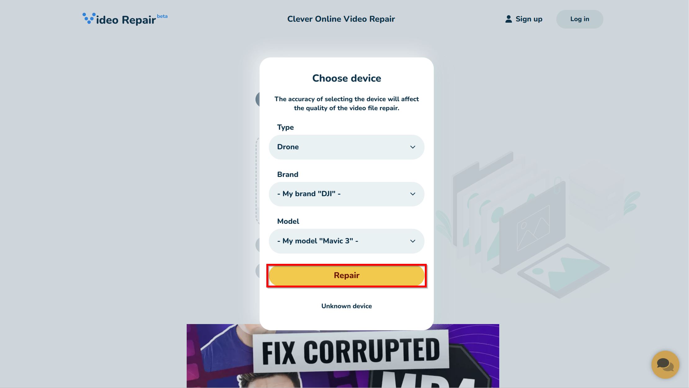 Select DJI drone model in Clever Online Video Repair.