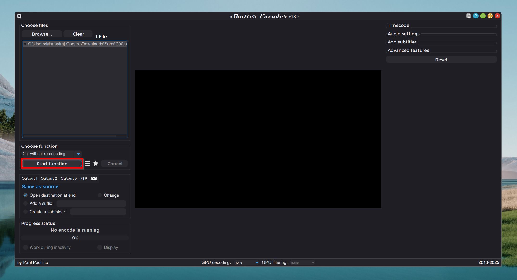 Start function in Shutter Encoder for Sony videos.