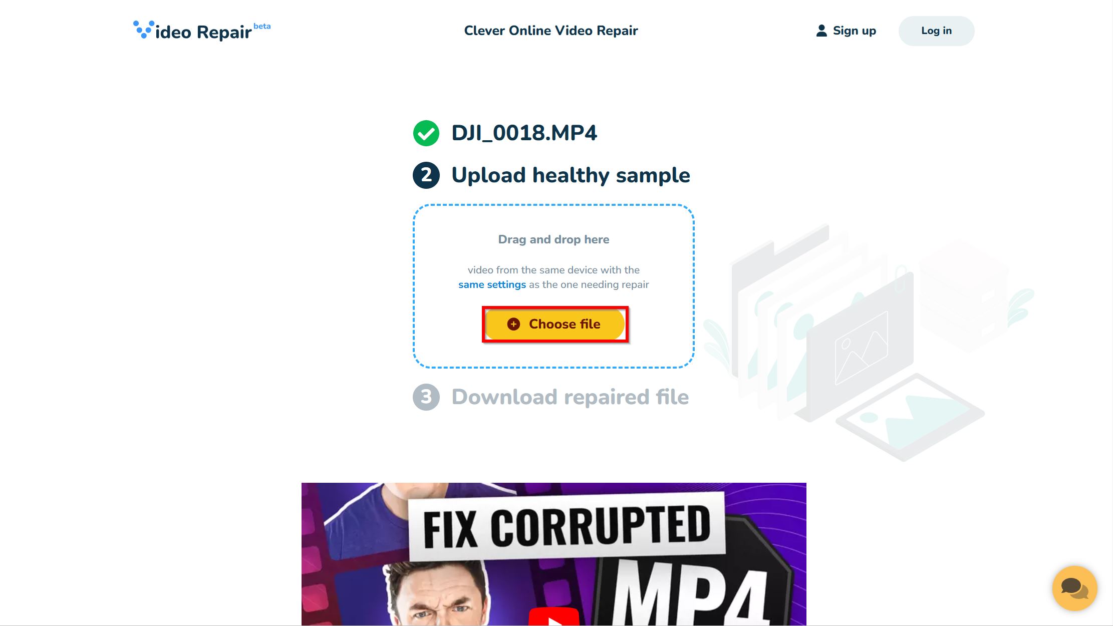 Upload healthy video sample in Clever Online Video Repair.