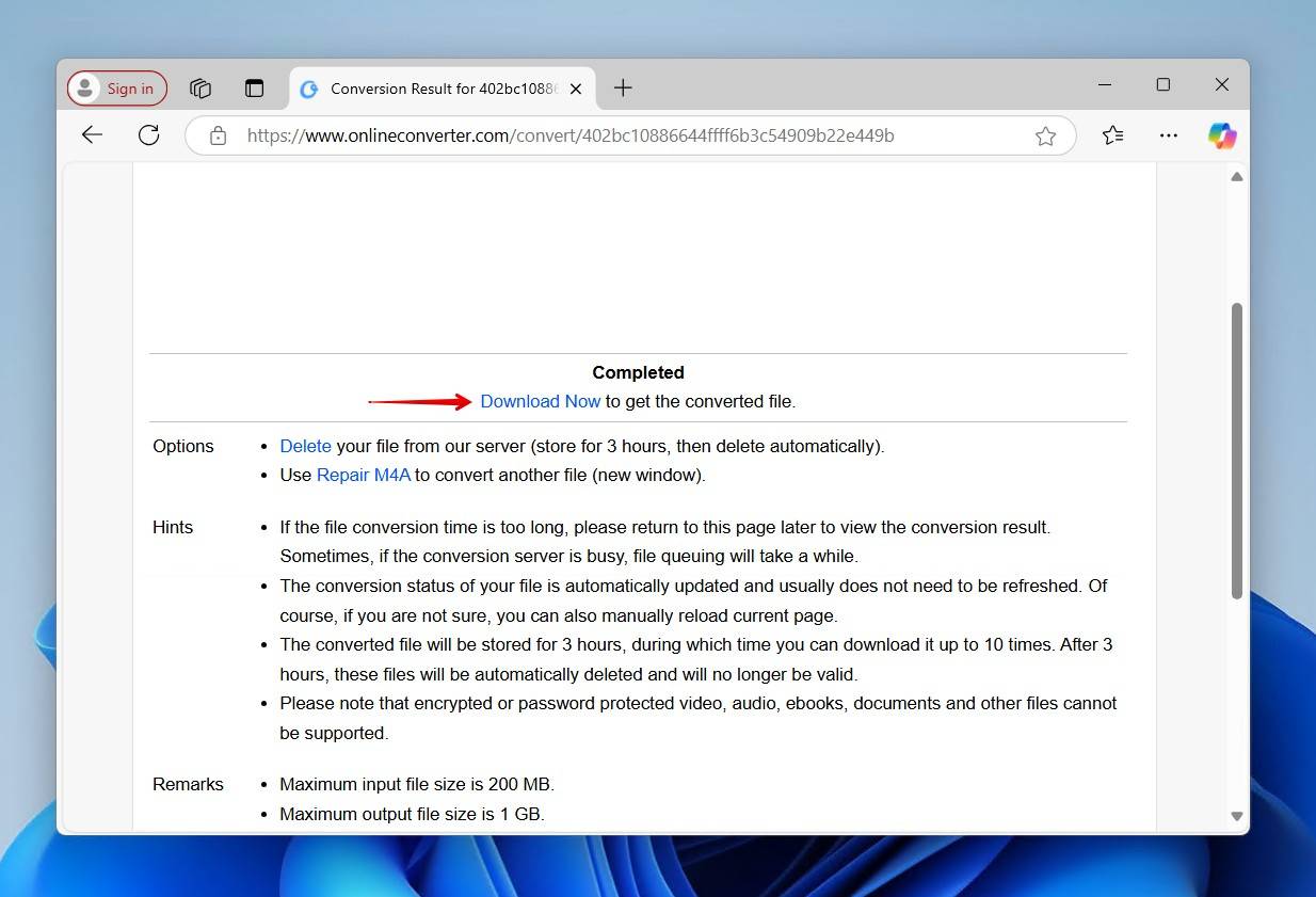 Downloading the converted M4A file.