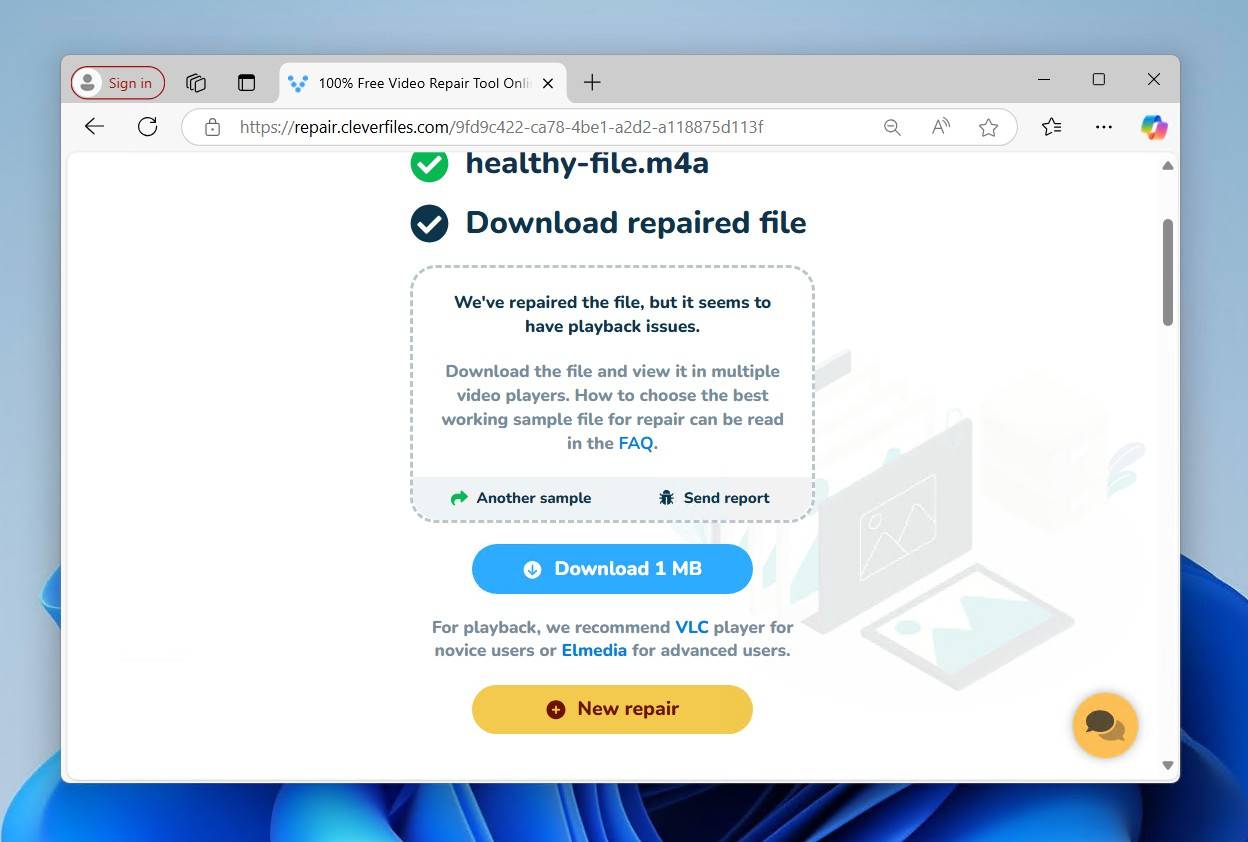 Downloading the repaired M4A file.