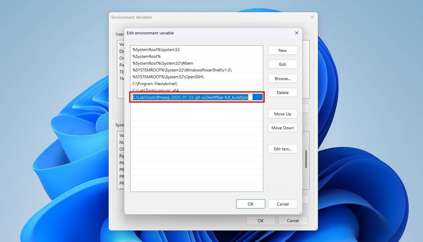 Adding the FFmpeg bin path.