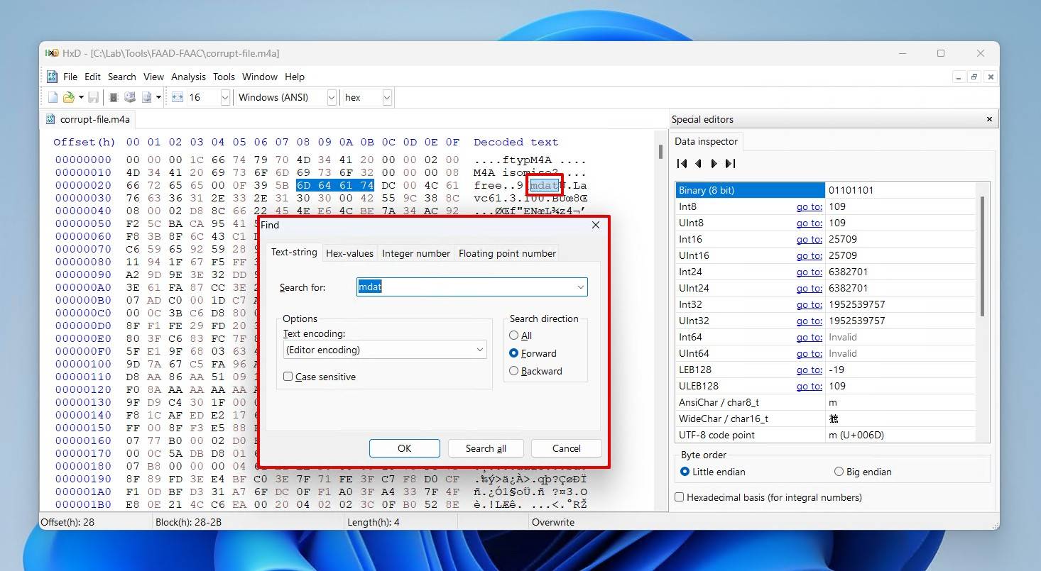 Locating the mdat atom.