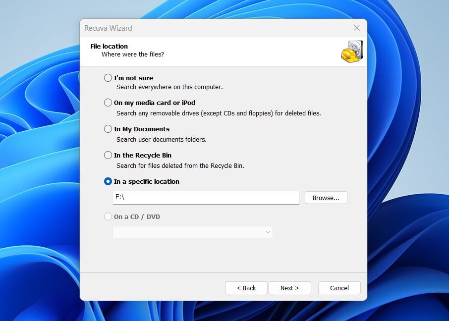 Choose the “In a specific location” option