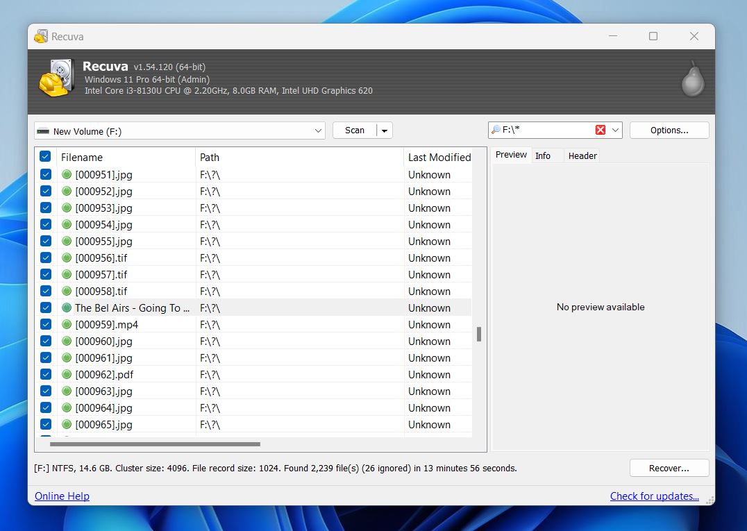 Recover the selected files
