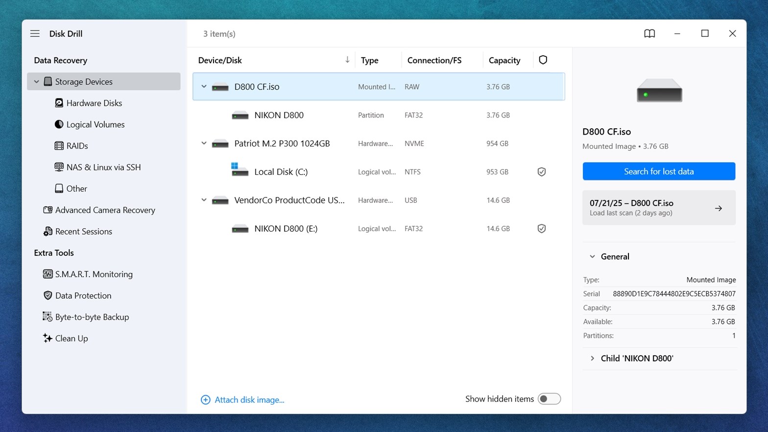 Click on Search for lost data