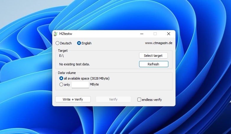 H2testw's window on Windows 11
