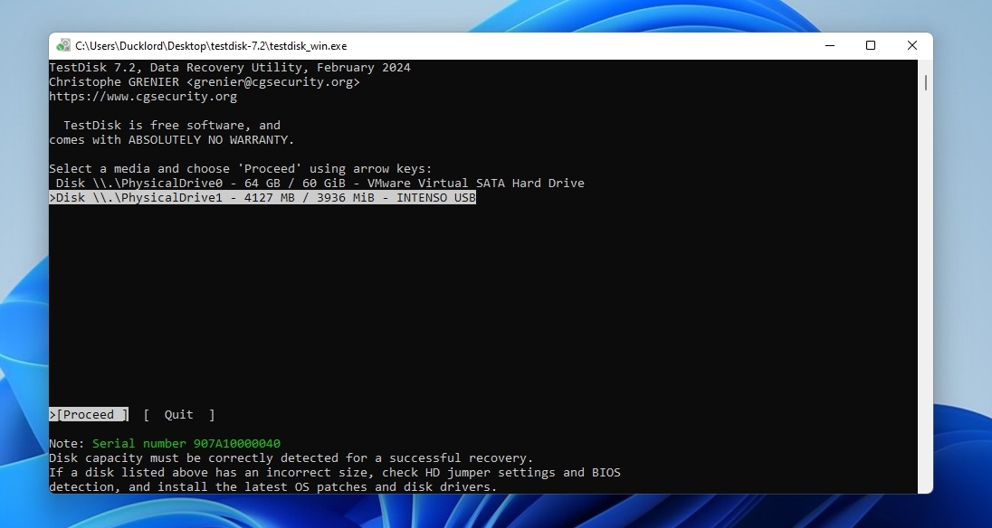 TestDisk running in Windows terminal