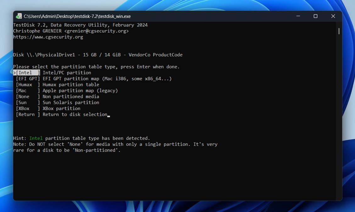 Select the partition table type