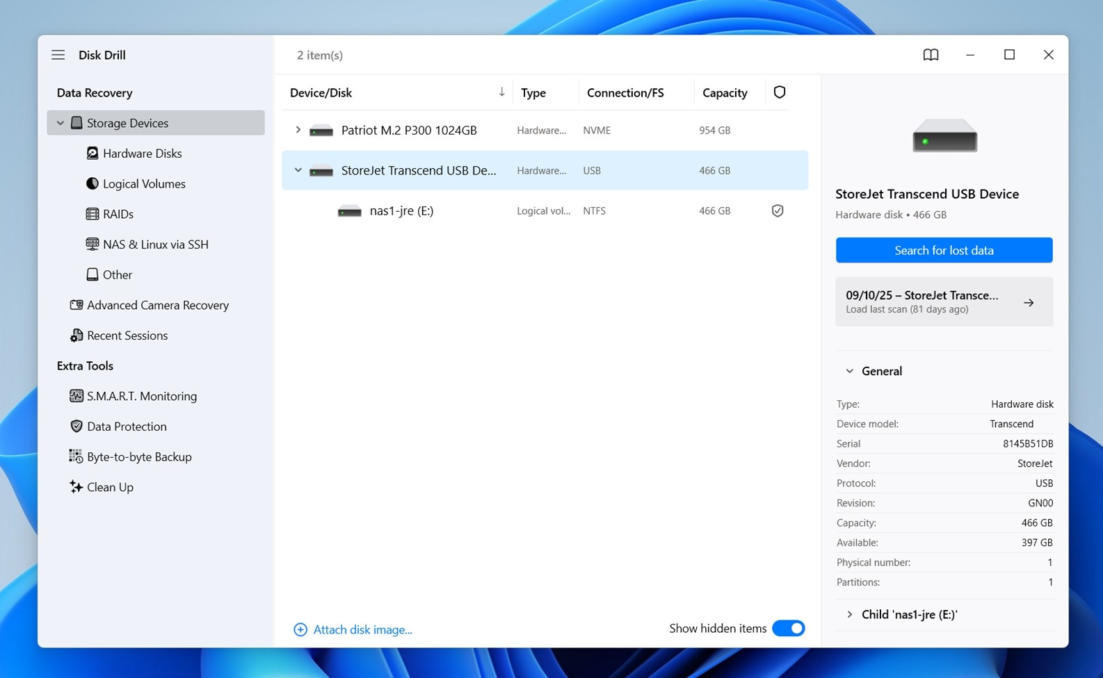 Click Search for lost data
