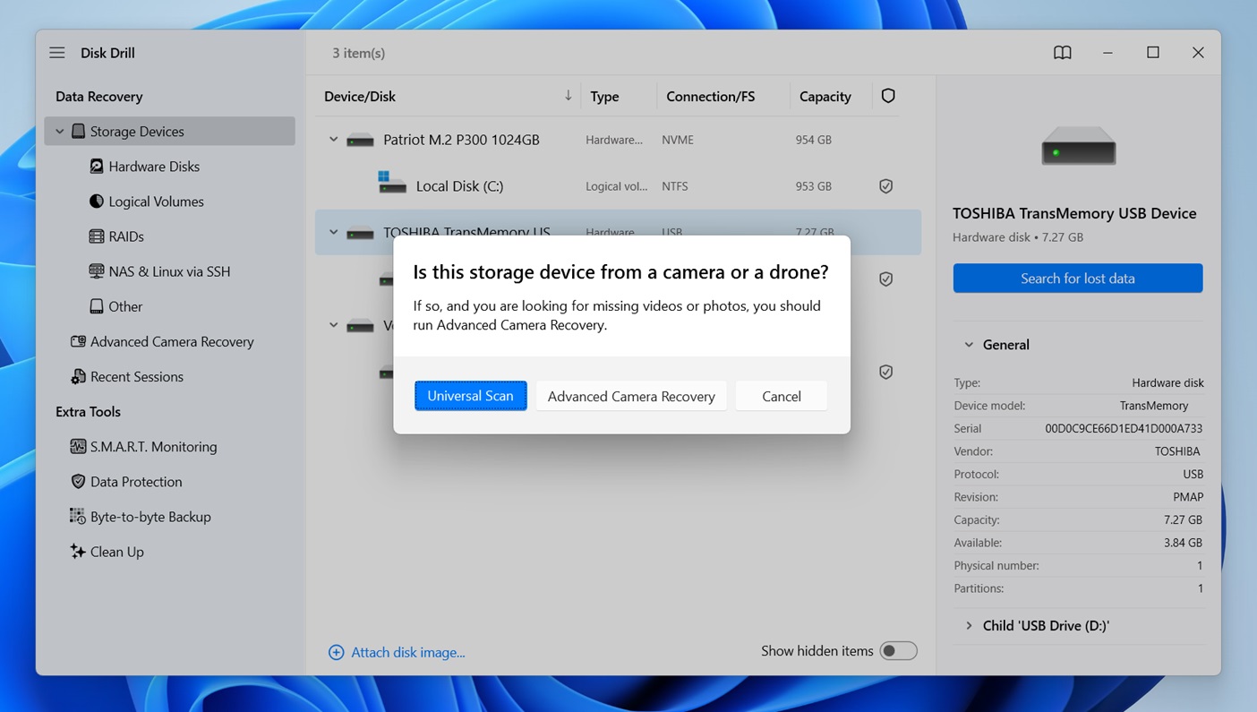 Prompt offering Universal Scan or Advanced Camera Recovery