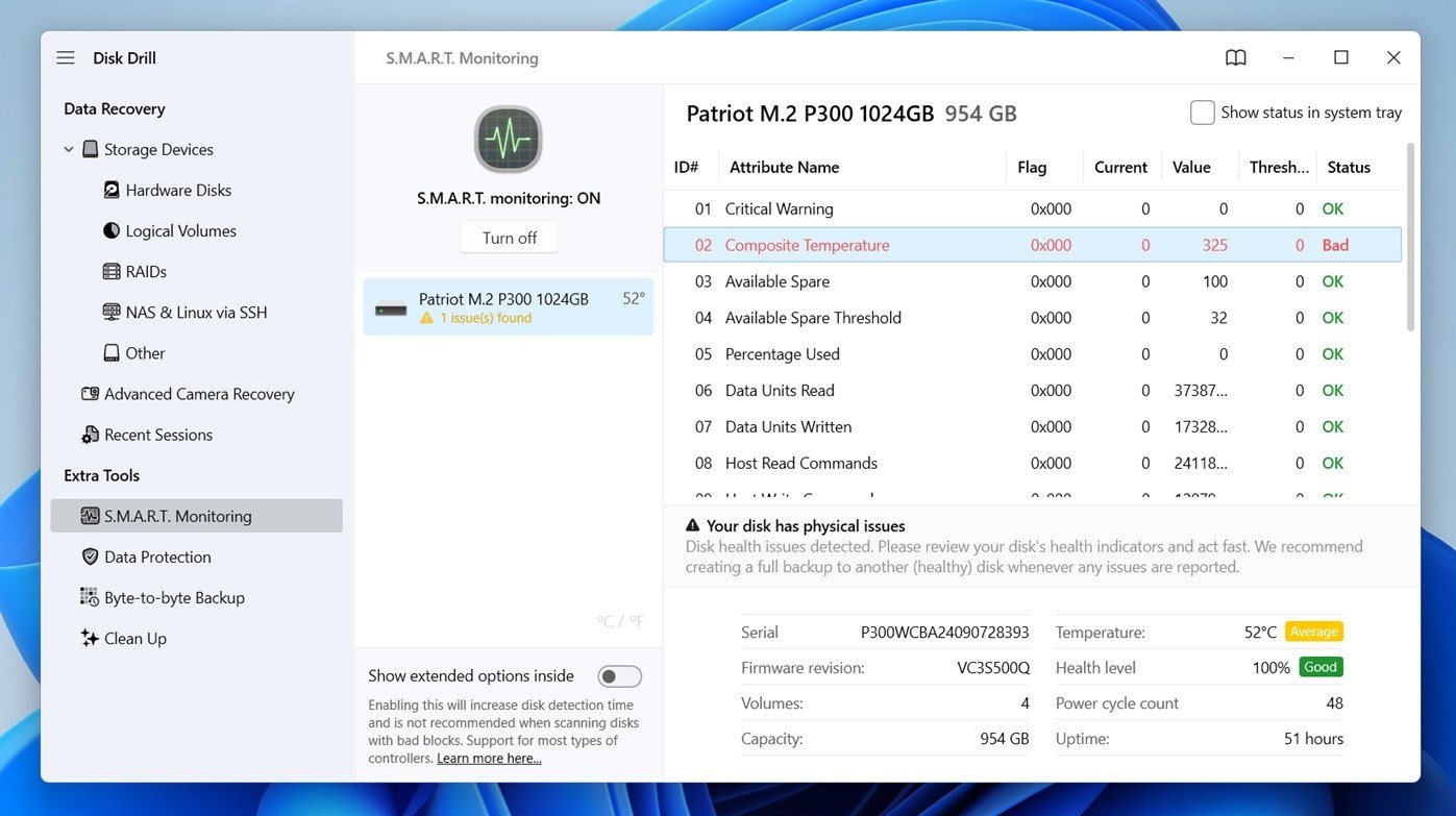 Disk health monitoring in Disk Drill