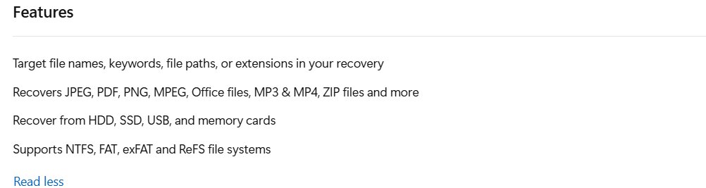 Windows File Recovery features